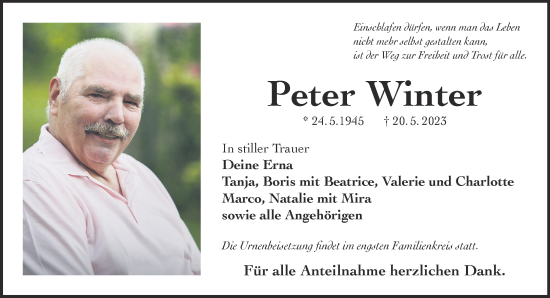 Traueranzeige von Peter Winter von Gelnhäuser Neue Zeitung