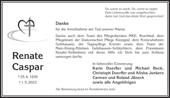 Traueranzeige von Renate Caspar von Gelnhäuser Neue Zeitung