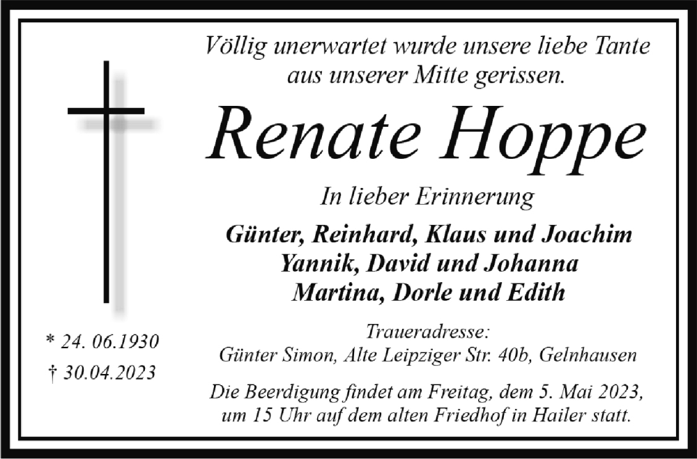  Traueranzeige für Renate Hoppe vom 06.05.2023 aus Mittelhessen-Bote