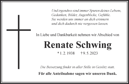 Traueranzeige von Renate Schwing von Gelnhäuser Neue Zeitung