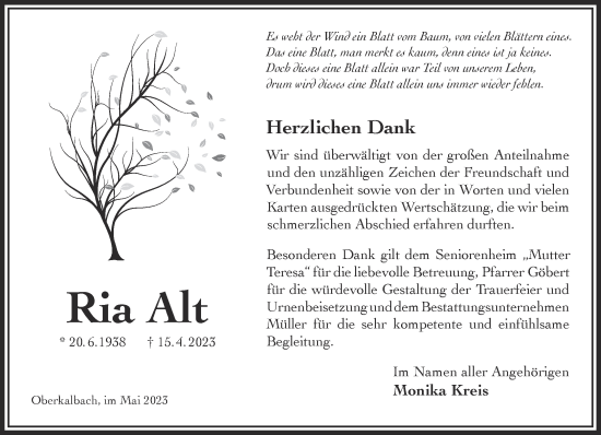Traueranzeige von Ria Alt von Gelnhäuser Neue Zeitung