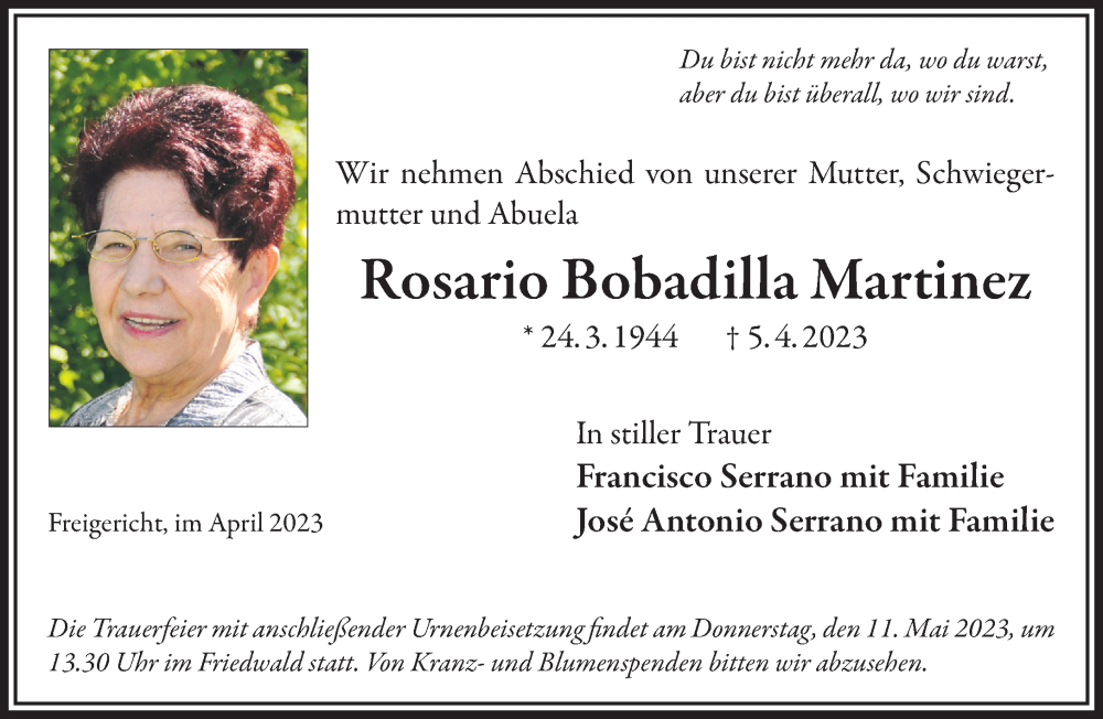  Traueranzeige für Rosario Bobadilla Martinez vom 06.05.2023 aus Gelnhäuser Neue Zeitung