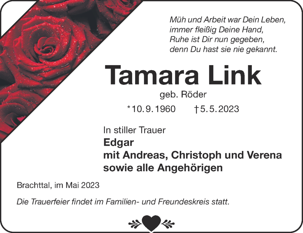  Traueranzeige für Tamara Link vom 20.05.2023 aus Gelnhäuser Neue Zeitung