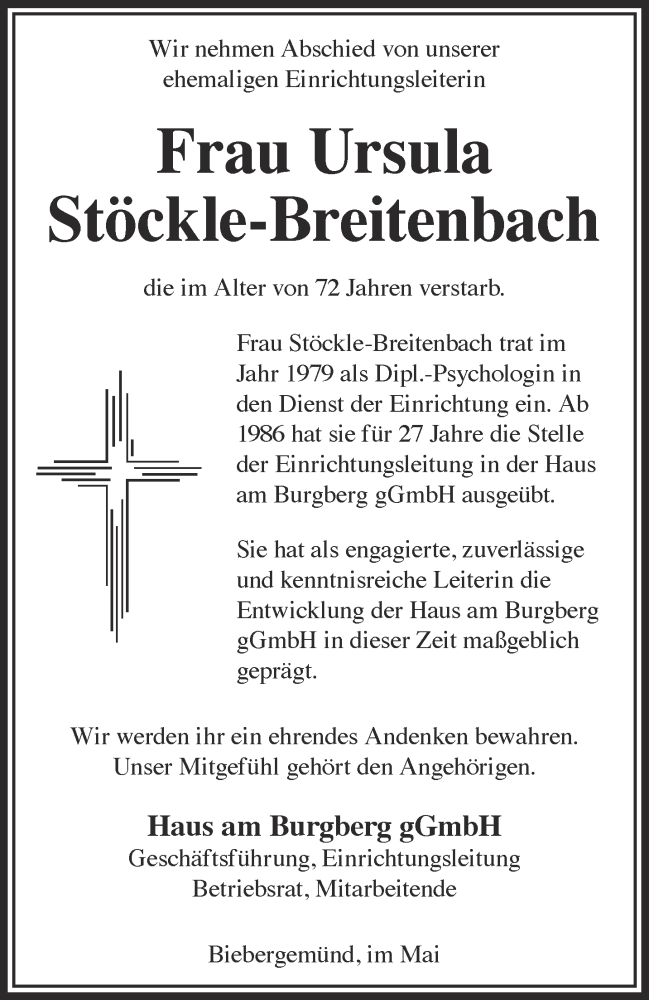  Traueranzeige für Ursula Stöckle-Breitenbach vom 06.05.2023 aus Gelnhäuser Neue Zeitung