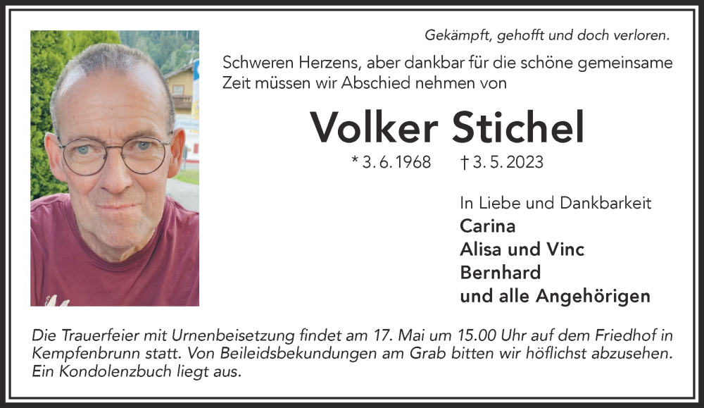 Traueranzeige für Volker Stichel vom 13.05.2023 aus Mittelhessen-Bote