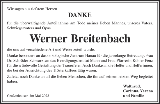Traueranzeige von Werner Breitenbach von Gelnhäuser Neue Zeitung