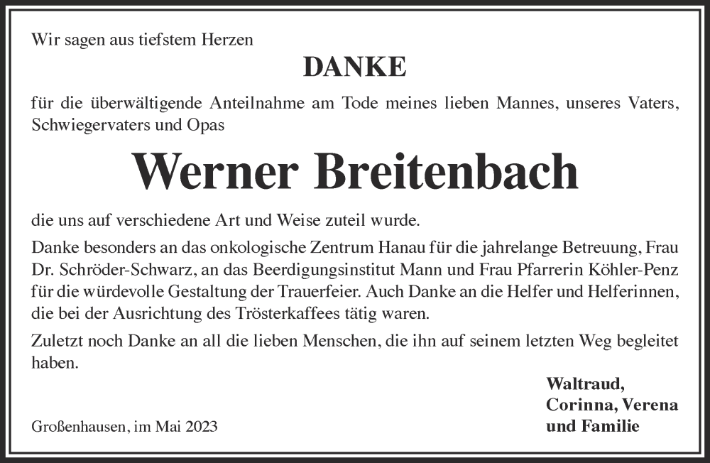  Traueranzeige für Werner Breitenbach vom 27.05.2023 aus Mittelhessen-Bote