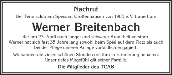 Traueranzeige von Werner Breitenbach von Mittelhessen-Bote