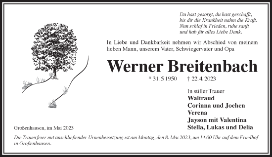 Traueranzeige von Werner Breitenbach von Mittelhessen-Bote