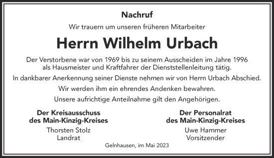 Traueranzeige von Wilhelm Urbach von Mittelhessen-Bote