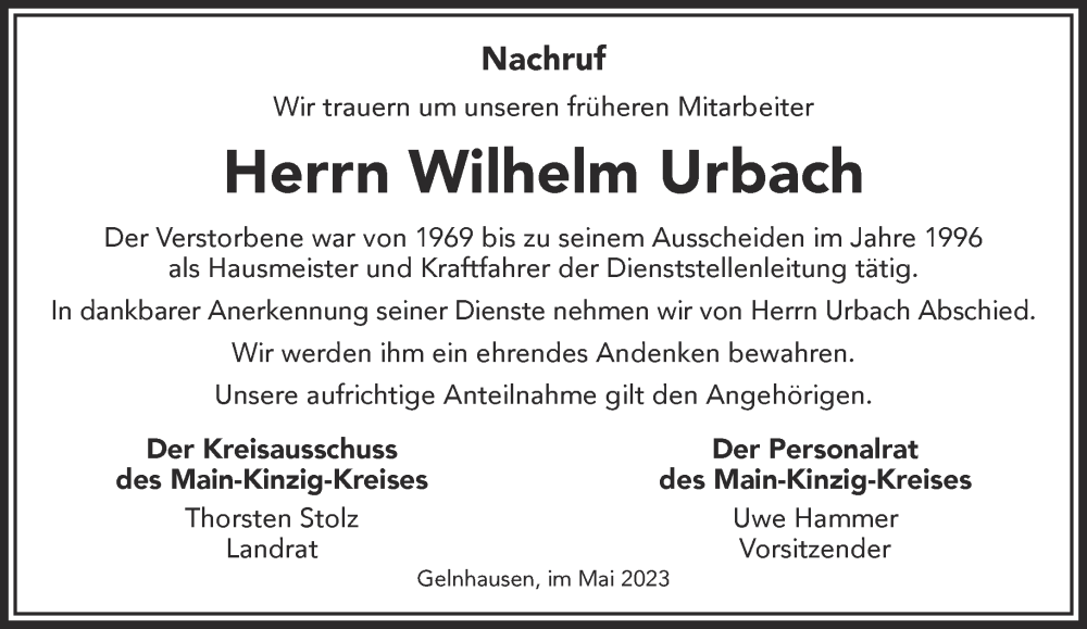  Traueranzeige für Wilhelm Urbach vom 20.05.2023 aus Mittelhessen-Bote