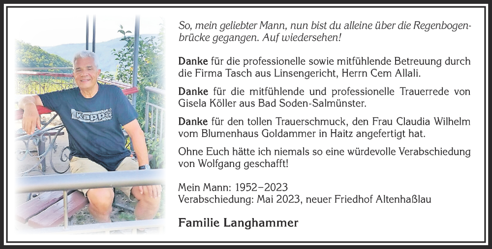  Traueranzeige für Wolfgang Langhammer vom 27.05.2023 aus Mittelhessen-Bote