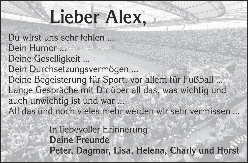  Traueranzeige für Alex  vom 03.06.2023 aus Mittelhessen-Bote