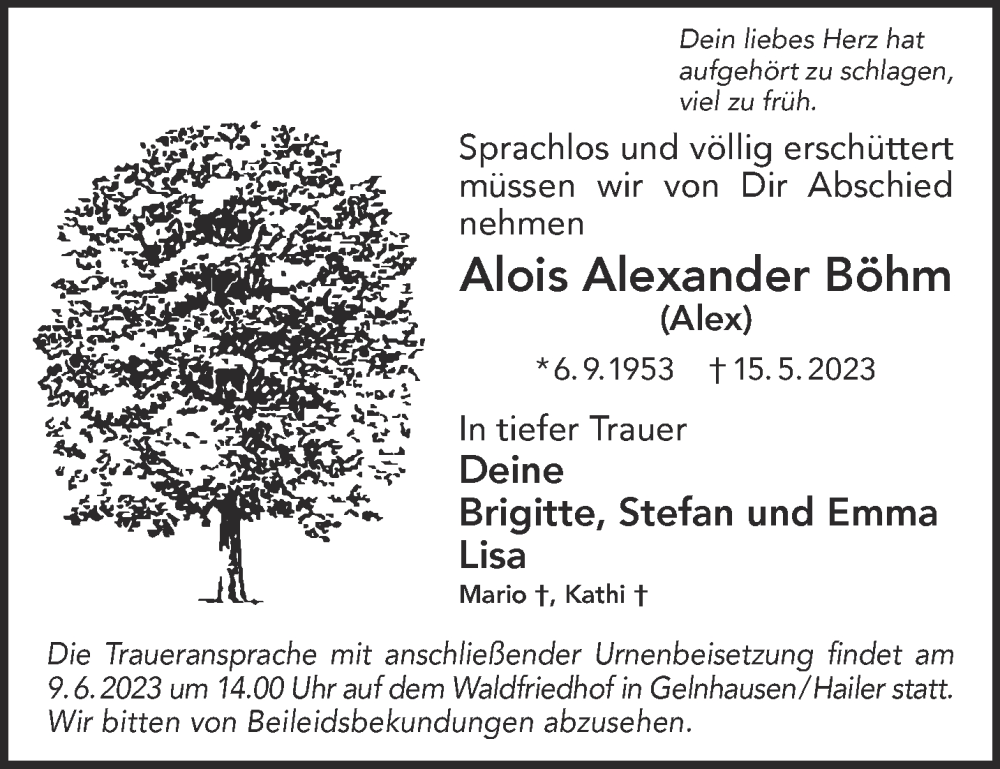  Traueranzeige für Alois Alexander Böhm vom 03.06.2023 aus Gelnhäuser Neue Zeitung