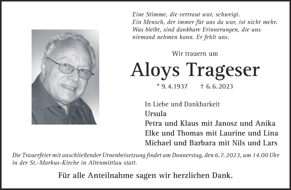  Traueranzeige für Aloys Trageser vom 24.06.2023 aus Mittelhessen-Bote