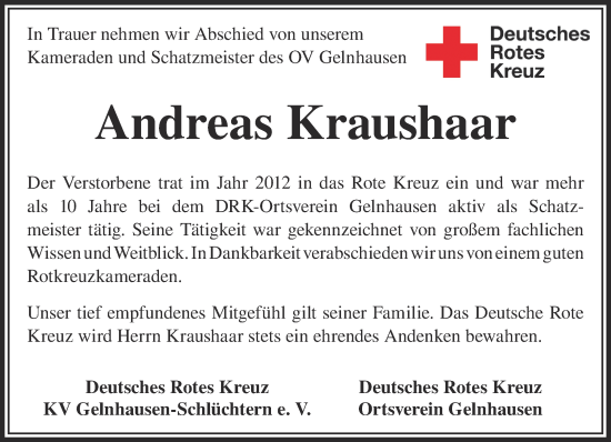 Traueranzeige von Andreas Kraushaar von Gelnhäuser Neue Zeitung