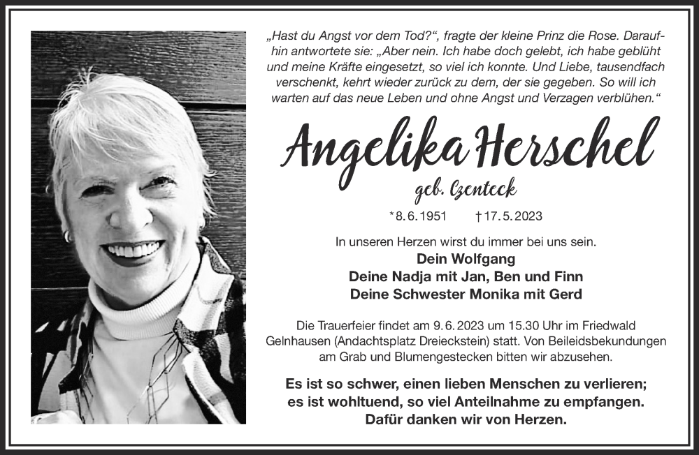  Traueranzeige für Angelika Herschel vom 03.06.2023 aus Gelnhäuser Neue Zeitung