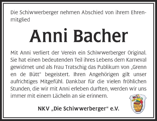 Traueranzeige von Anni Bacher von Gelnhäuser Neue Zeitung