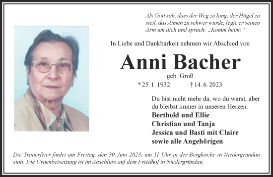 Traueranzeige von Anni Bacher von Gelnhäuser Neue Zeitung
