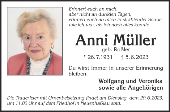 Traueranzeige von Anni Müller von Gelnhäuser Neue Zeitung