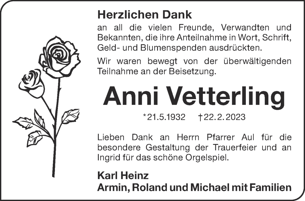  Traueranzeige für Anni Vetterling vom 01.07.2023 aus Gelnhäuser Neue Zeitung