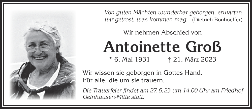  Traueranzeige für Antoinette Groß vom 24.06.2023 aus Gelnhäuser Neue Zeitung