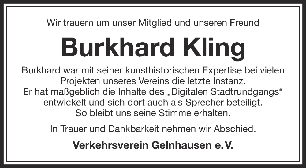  Traueranzeige für Burkhard Kling vom 17.06.2023 aus Gelnhäuser Neue Zeitung