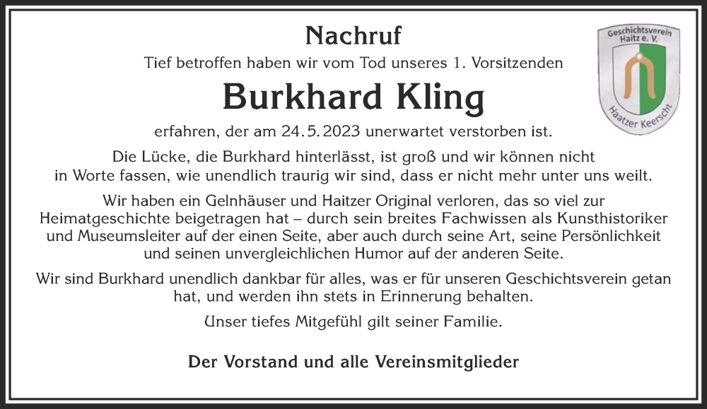  Traueranzeige für Burkhard Kling vom 10.06.2023 aus Gelnhäuser Neue Zeitung