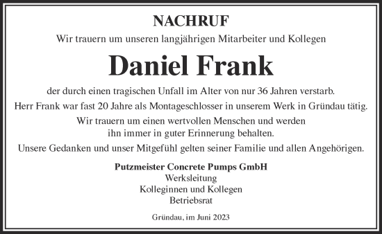 Traueranzeige von Daniel Frank von Gelnhäuser Neue Zeitung
