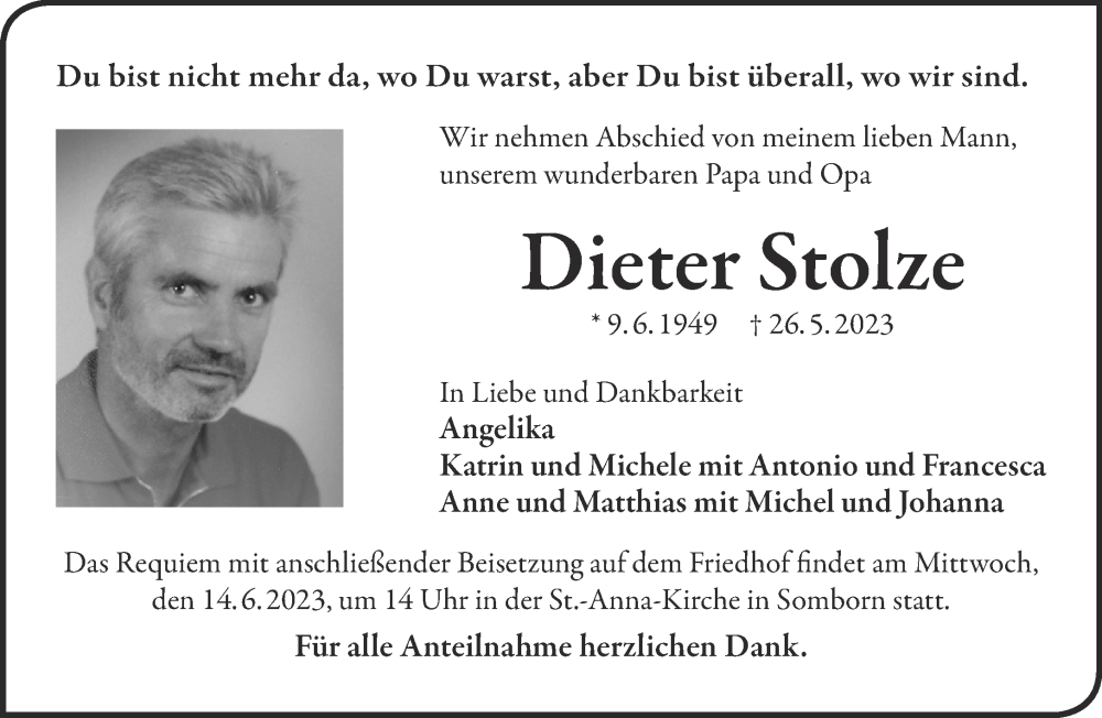  Traueranzeige für Dieter Stolze vom 10.06.2023 aus Gelnhäuser Neue Zeitung