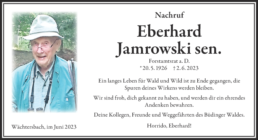  Traueranzeige für Eberhard Jamrowski vom 01.07.2023 aus Gelnhäuser Neue Zeitung