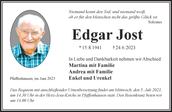 Traueranzeige von Edgar Jost von Gelnhäuser Neue Zeitung