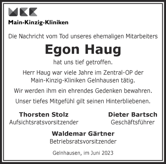 Traueranzeige von Egon Haug von Gelnhäuser Neue Zeitung