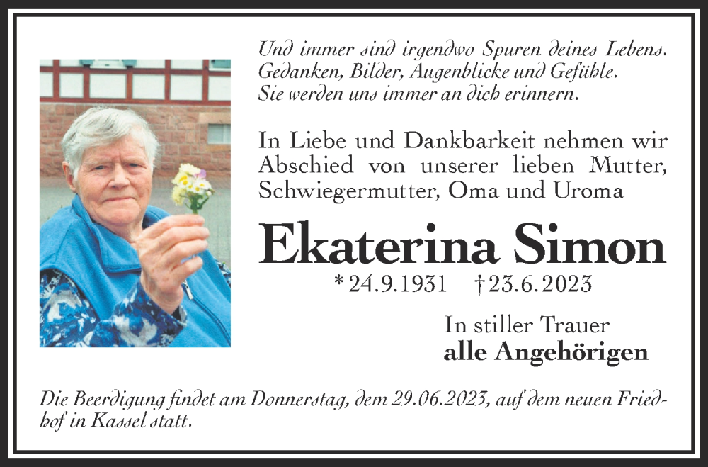  Traueranzeige für Ekaterina Simon vom 27.06.2023 aus Gelnhäuser Neue Zeitung