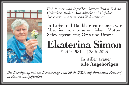 Traueranzeige von Ekaterma Simon von Mittelhessen-Bote