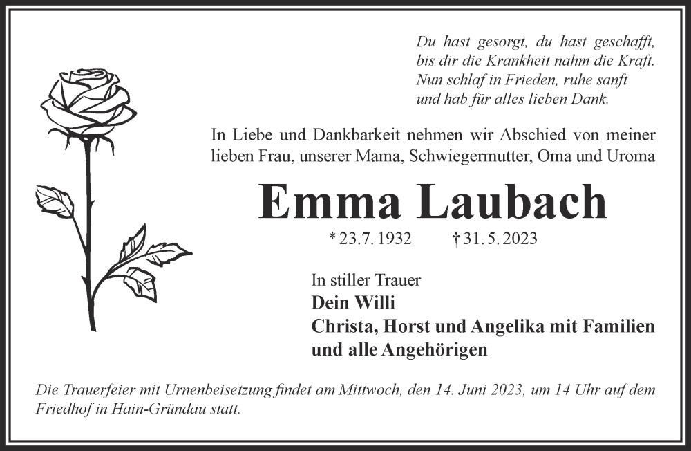  Traueranzeige für Emma Laubach vom 10.06.2023 aus Mittelhessen-Bote