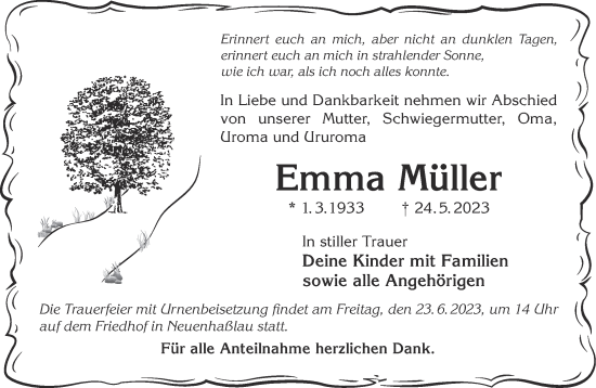 Traueranzeige von Emma Müller von Gelnhäuser Neue Zeitung