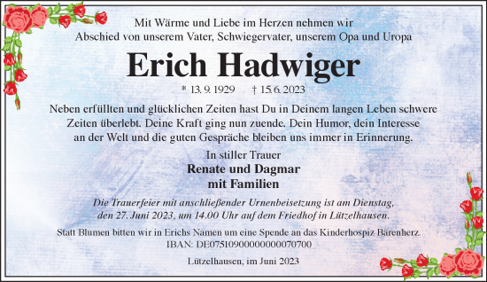 Traueranzeige von Erich Hadwiger von Gelnhäuser Neue Zeitung