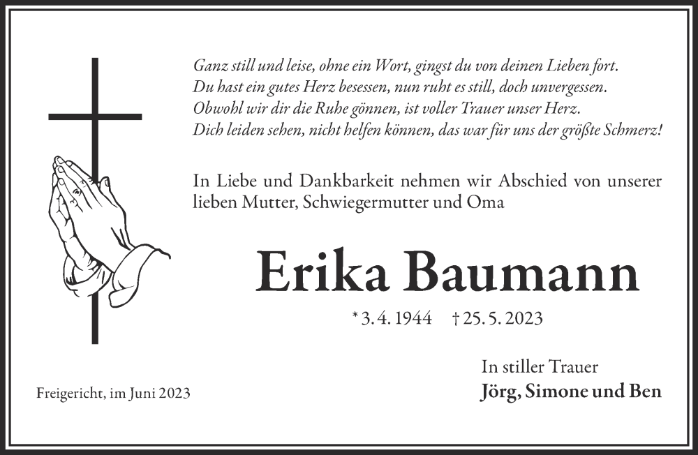  Traueranzeige für Erika Baumann vom 10.06.2023 aus Gelnhäuser Neue Zeitung