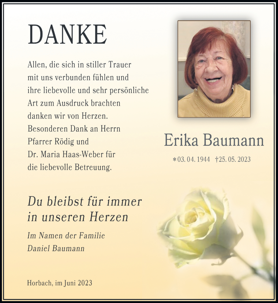  Traueranzeige für Erika Baumann vom 24.06.2023 aus Gelnhäuser Neue Zeitung