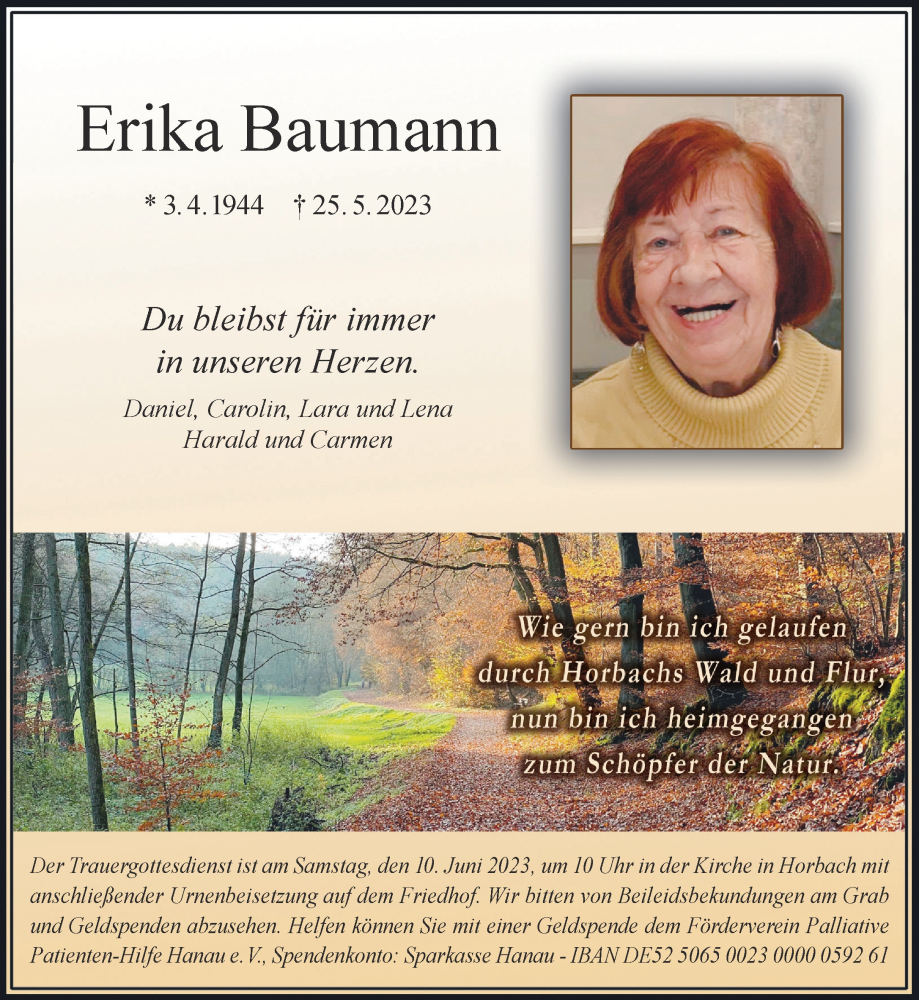  Traueranzeige für Erika Baumann vom 03.06.2023 aus Gelnhäuser Neue Zeitung