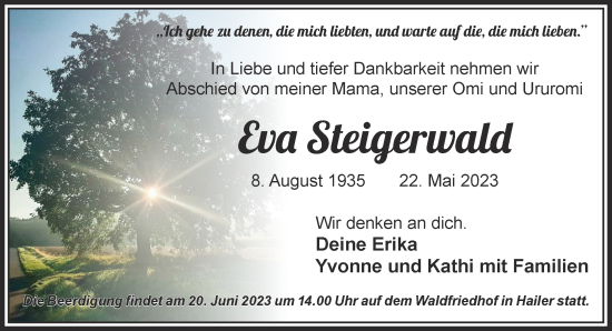Traueranzeige von Eva Steigerwald von Gelnhäuser Neue Zeitung