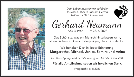 Traueranzeige von Gerhard Neumann von Gelnhäuser Neue Zeitung