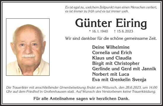 Traueranzeige von Günter Eiring von Gelnhäuser Neue Zeitung