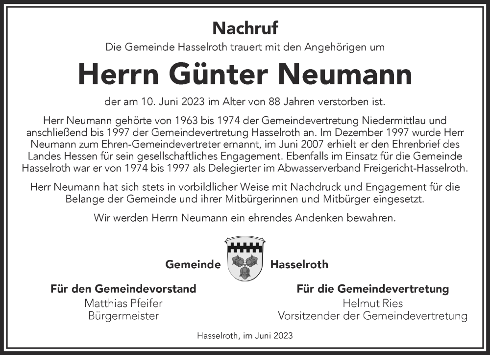  Traueranzeige für Günter Neumann vom 01.07.2023 aus Gelnhäuser Neue Zeitung
