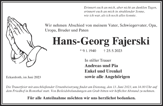 Traueranzeige von Hans-Georg Fajerski von Gelnhäuser Neue Zeitung