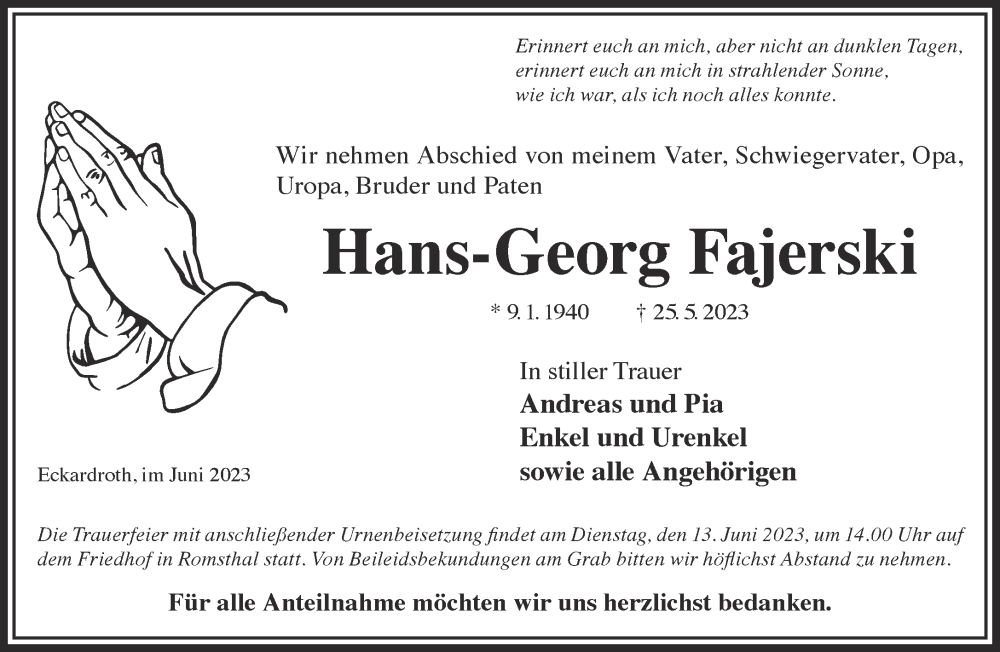  Traueranzeige für Hans-Georg Fajerski vom 10.06.2023 aus Gelnhäuser Neue Zeitung
