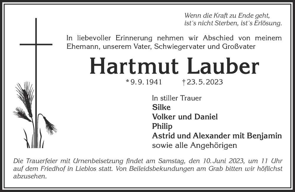  Traueranzeige für Hartmut Lauber vom 03.06.2023 aus Gelnhäuser Neue Zeitung