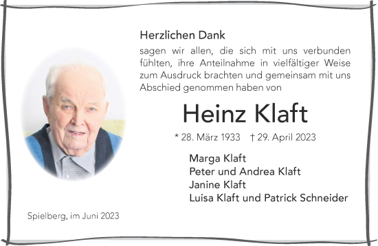 Traueranzeige von Heinz Klaft von Gelnhäuser Neue Zeitung
