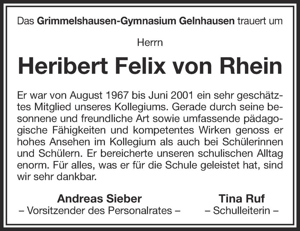  Traueranzeige für Heribert Felix von Rhein vom 06.06.2023 aus Gelnhäuser Neue Zeitung